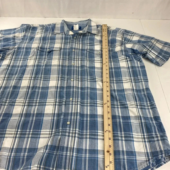 Wrangler Mens 2X Blue White Plaid Denim Pearl Snap Button Down Short Sleeve - Picture 2 of 6